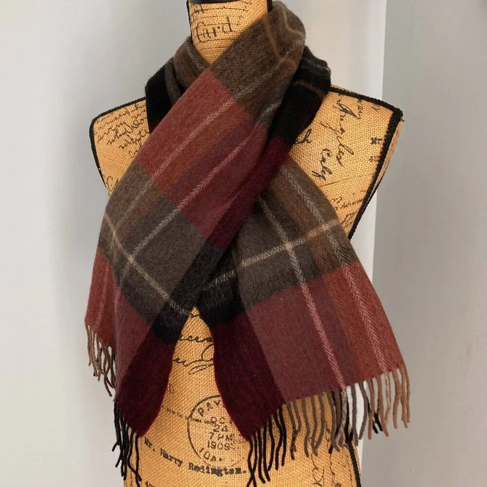 100% Cashmere Long Scarf Black Gray Maroon Plaid EUC